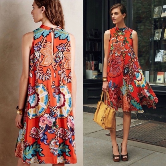 ANTHROPOLOGIE MAEVE LARKHILL SILK FLORAL PAISLEY SLEEVELESS SWING DRESS - Picture 2 of 14